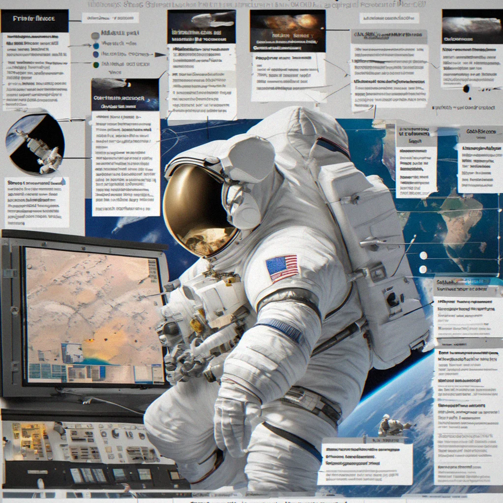 Astronaut in spacesuit performing extravehicular activity with timeline annotations and prkcedure checkpoints