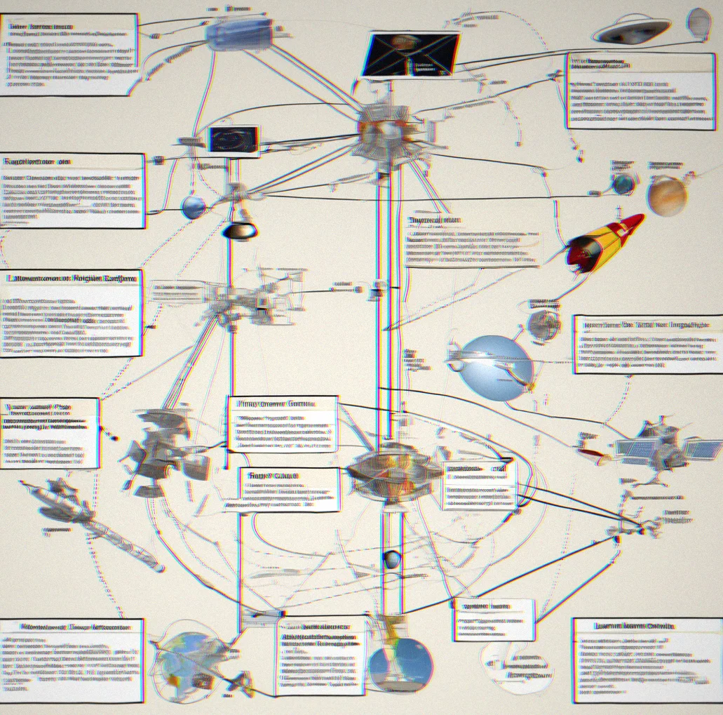 Network diagram showing interconnected missions, crews, and payload relationships across decades of spaceflight