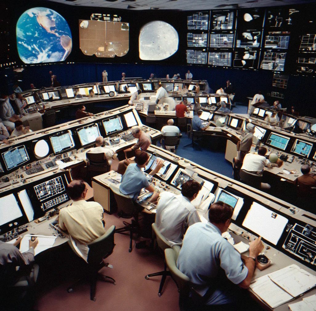 Mission control at NASA's Johnson Space Center during the Apollo 11 descent, flight controllers watching telemetry screens and radio communications