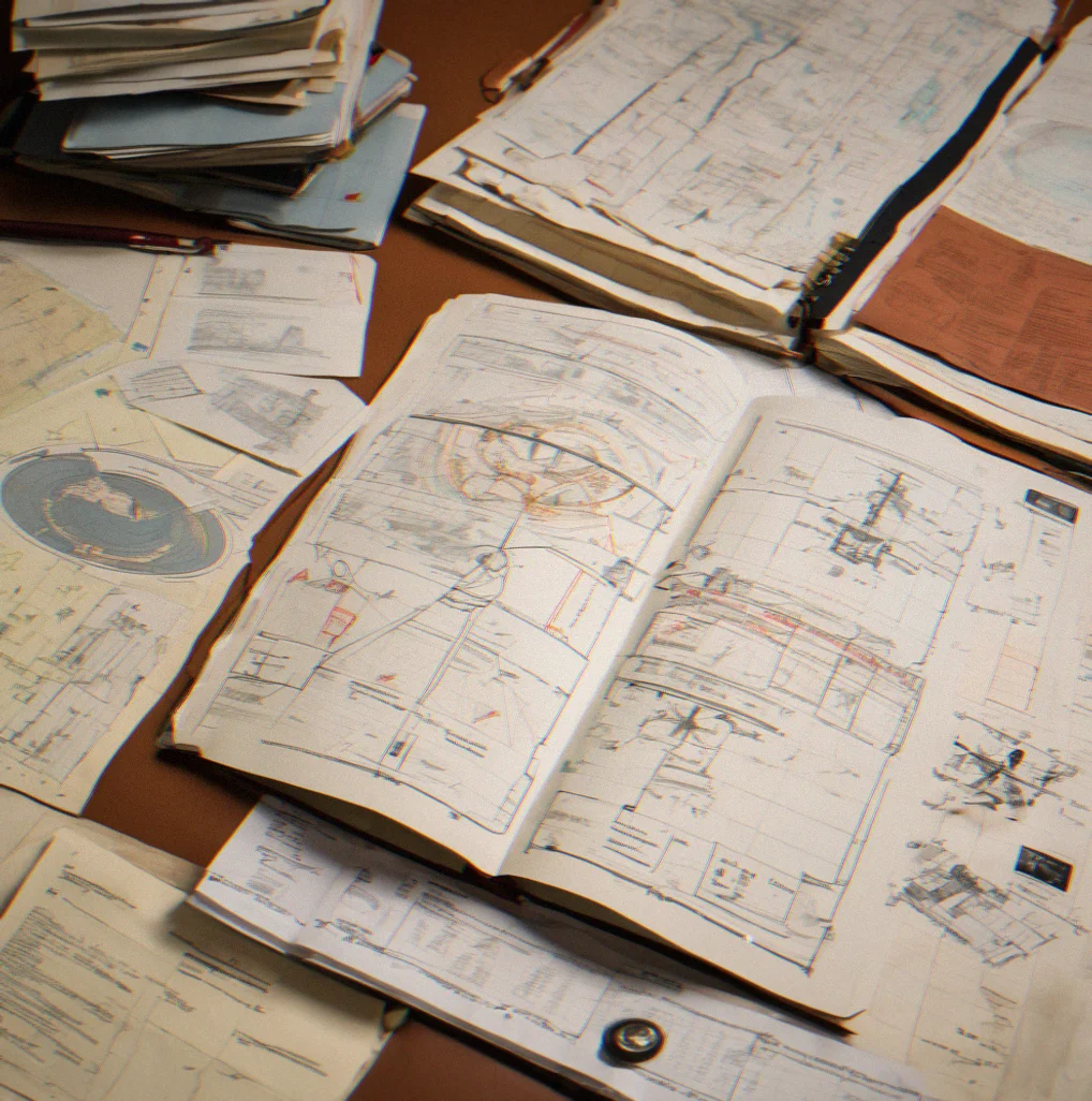 Soviet mission files spread across an archivist's desk with Cyrillic writing, handwritten notes, and trajectory drawings