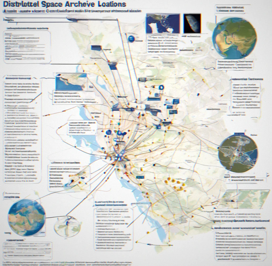 Map showing distributed archive locations across NASA centers, European Space Agency facilities, and university repositories with connection lines indicating data consolidation