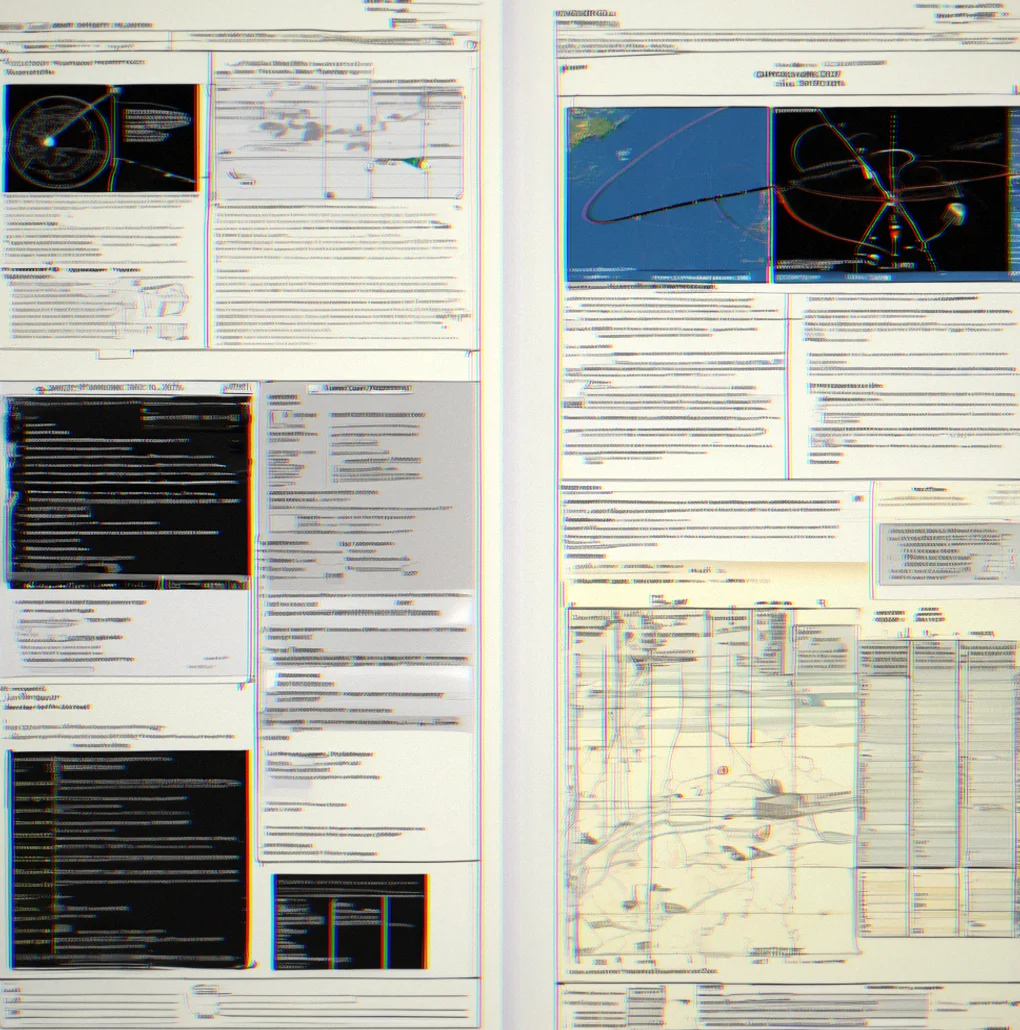 Split screen showing original NASA flight director log document on left side with corresponding telemetry data and metadata record on right side, linked and cross-referenced